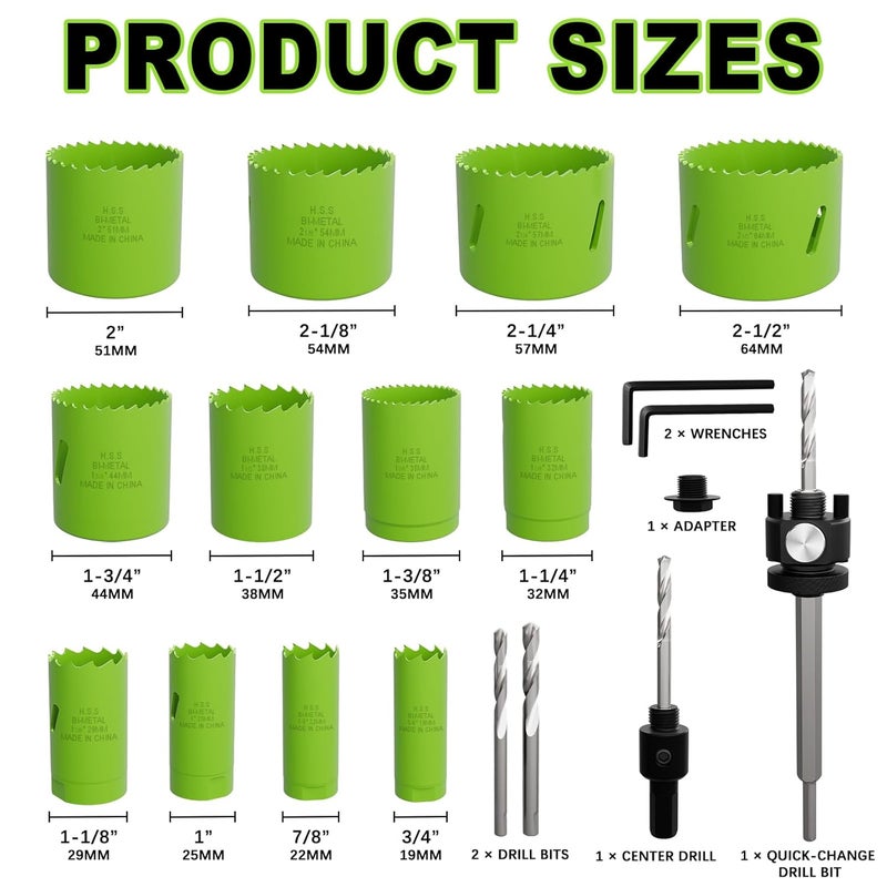 FROOOK 19-Piece Bi-Metal Hole Saw Kit with Quick Core Remover in Sizes from 3/4" to 2-1/2" for Professional Wood, Thin Metal, PVC and Cutting - Image 2